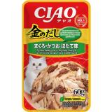 RU201 INABA CIAO Kinnodashi Влажный корм Тунец Магуро и тунец Кацуо со вкусом морскогогребешка. Дополнительный рацион для кошек 60г*24
