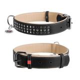 *7214 CoLLaR SOFT Ошейник кожаный, двойной  прошитый,  с металлическими украшениями, 46-60см*35мм, черный верх, коричневый низ